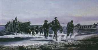 British troops storm ashore at San Carlos Bay in the Falklands